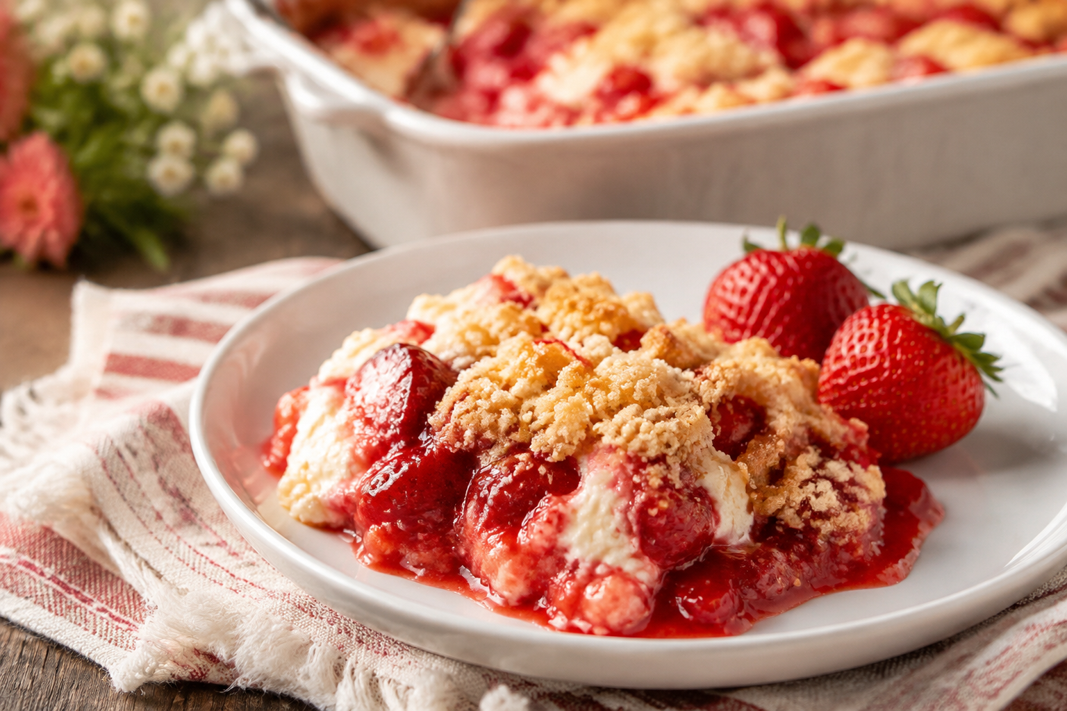 Warm serving of strawberry cheesecake dump cake with creamy cheesecake and golden crumble topping