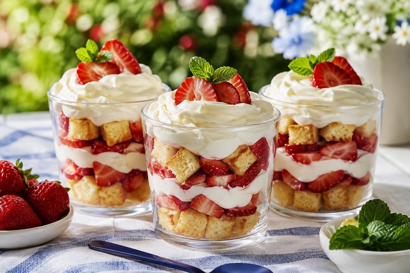 Individual strawberry shortcake cups with pound cake, berries and whipped cream