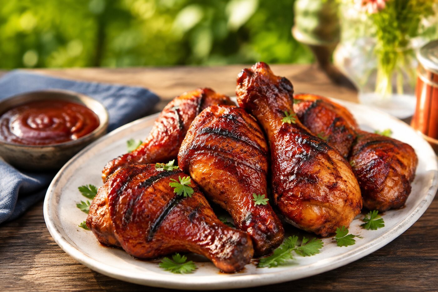 Glossy grilled barbecue chicken drumsticks on an outdoor cookout table