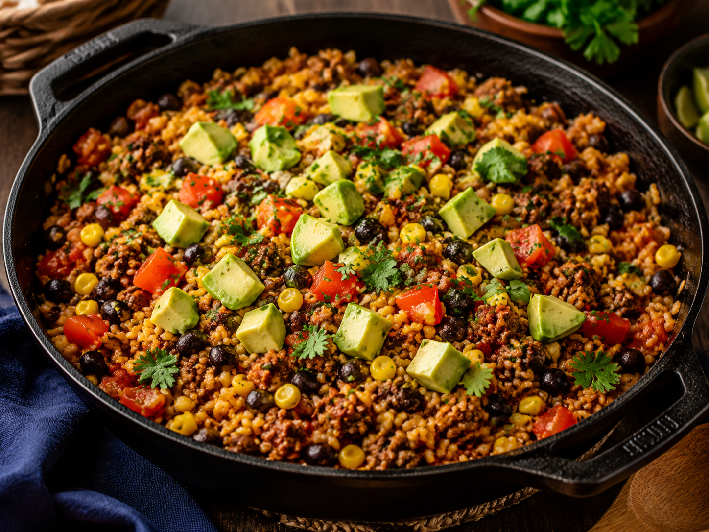 Taco rice skillet with beef, beans, corn, tomatoes and avocado