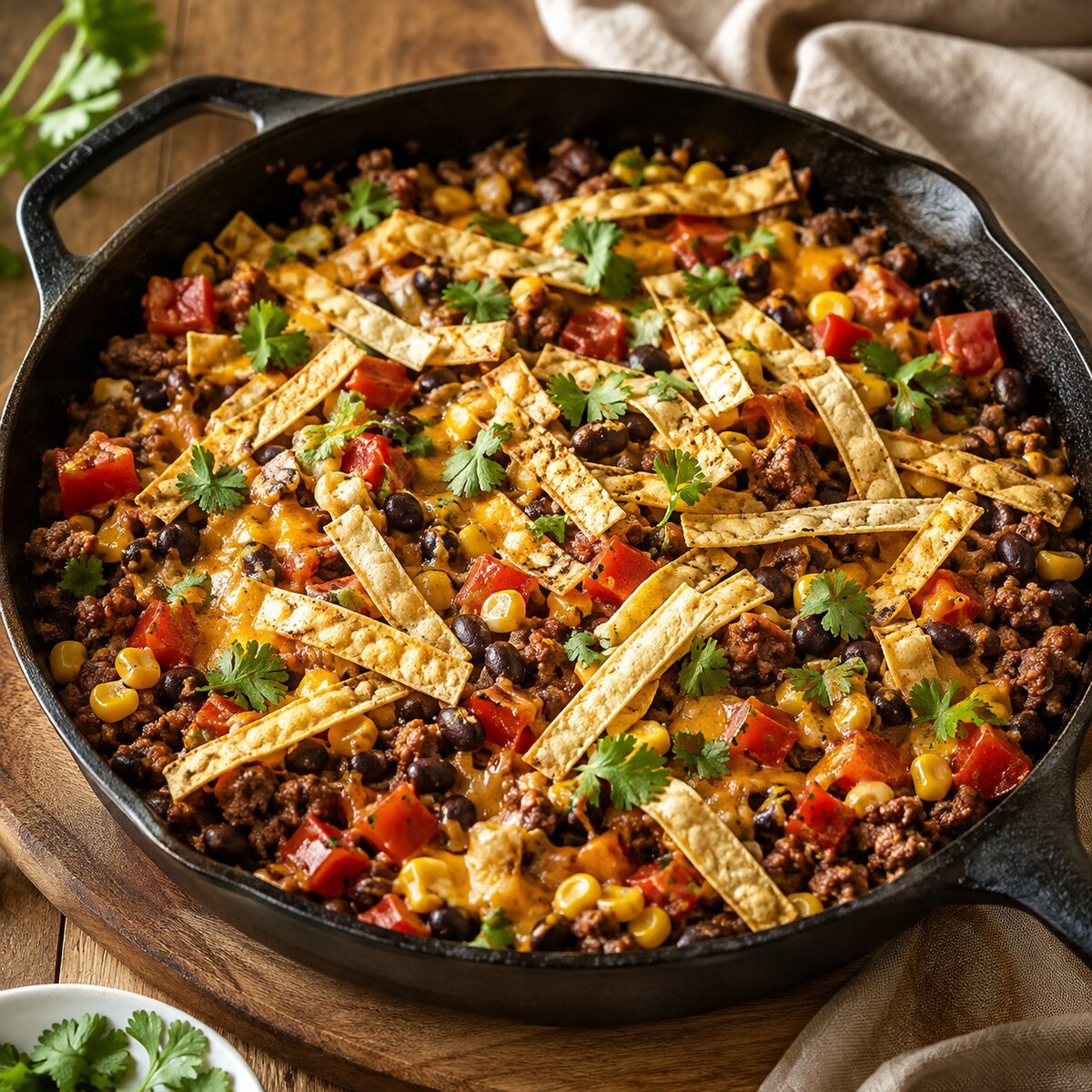 Taco skillet with seasoned beef, beans, corn and cheese