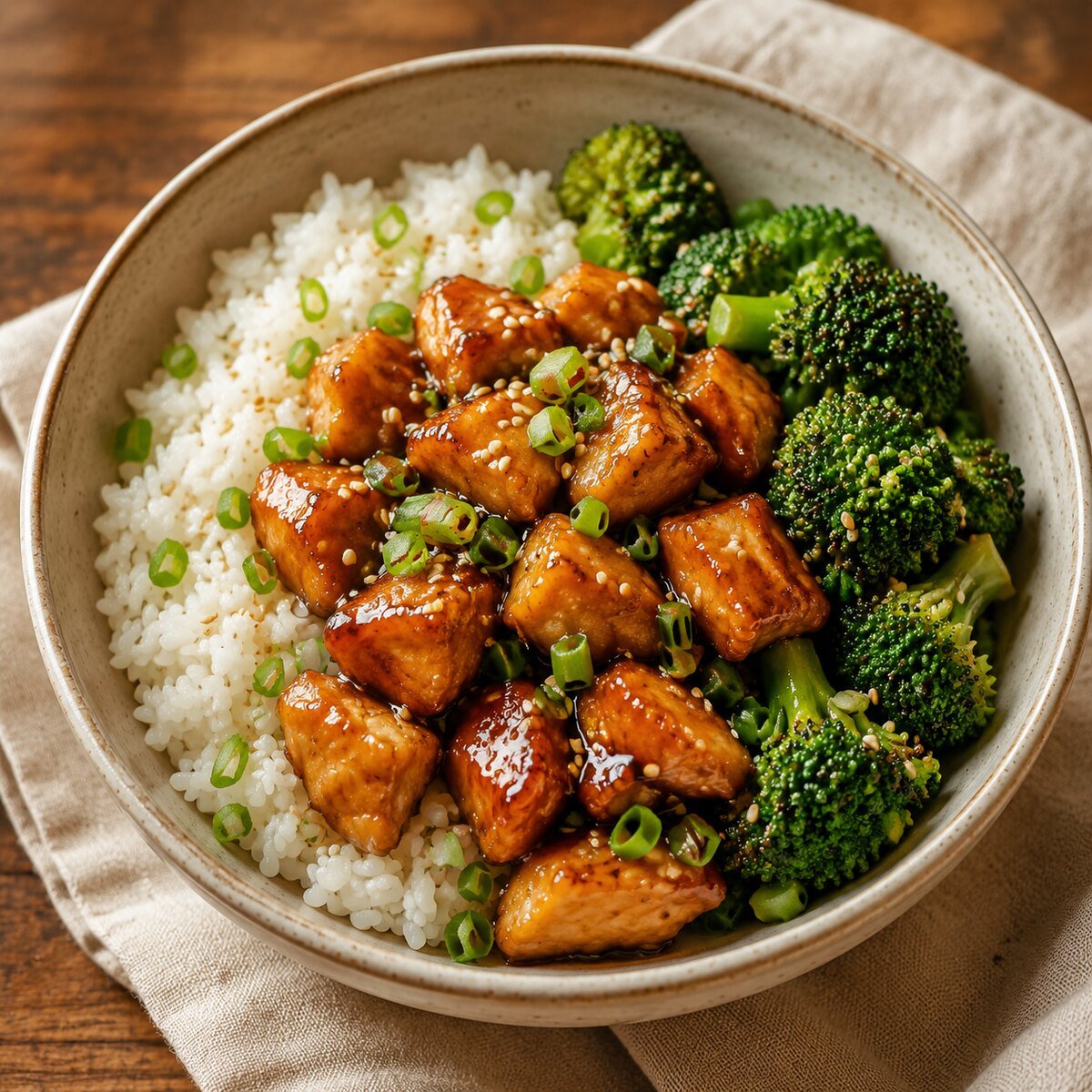 Teriyaki chicken bowl with rice and broccoli