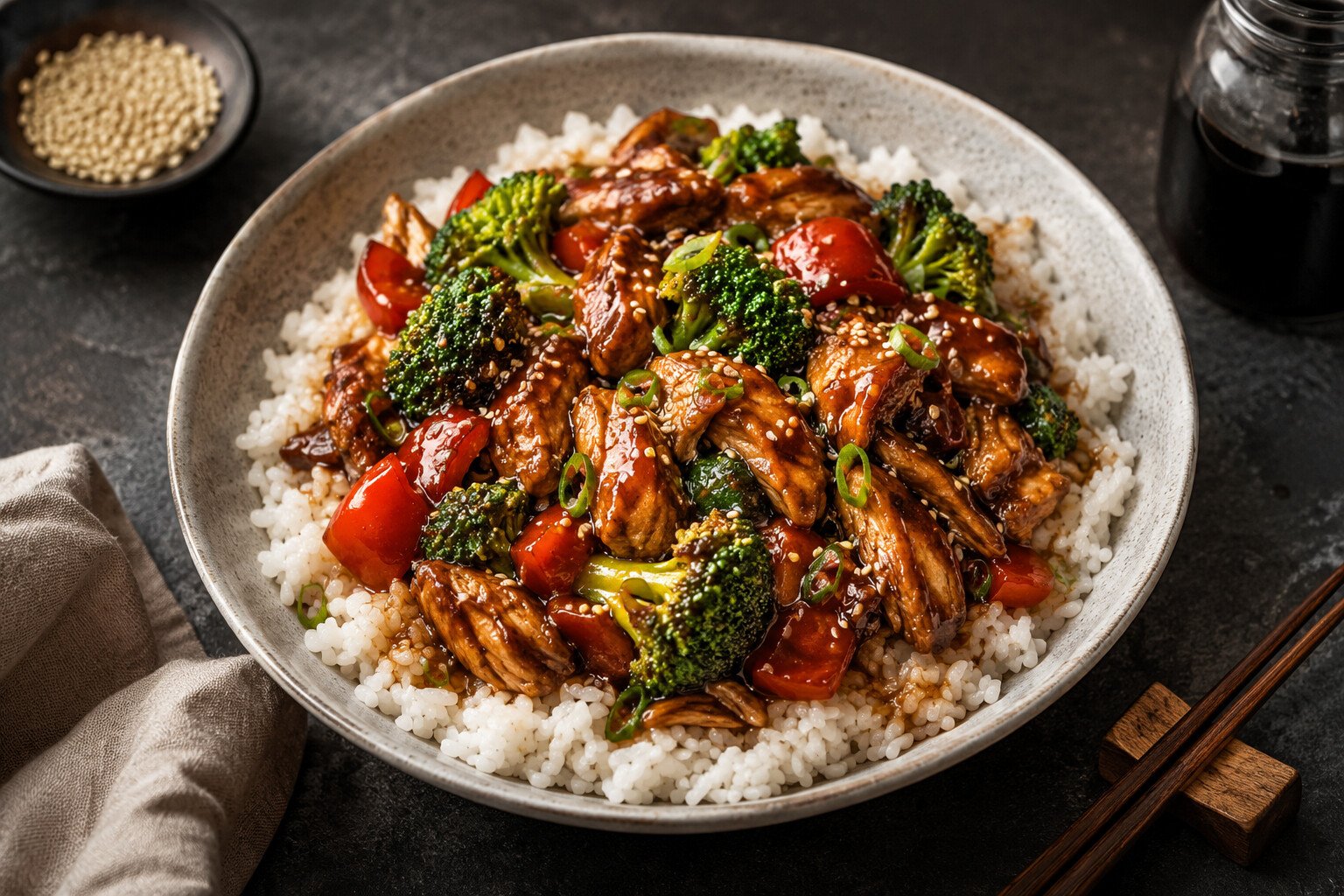 Teriyaki Crockpot chicken with broccoli, peppers, and rice