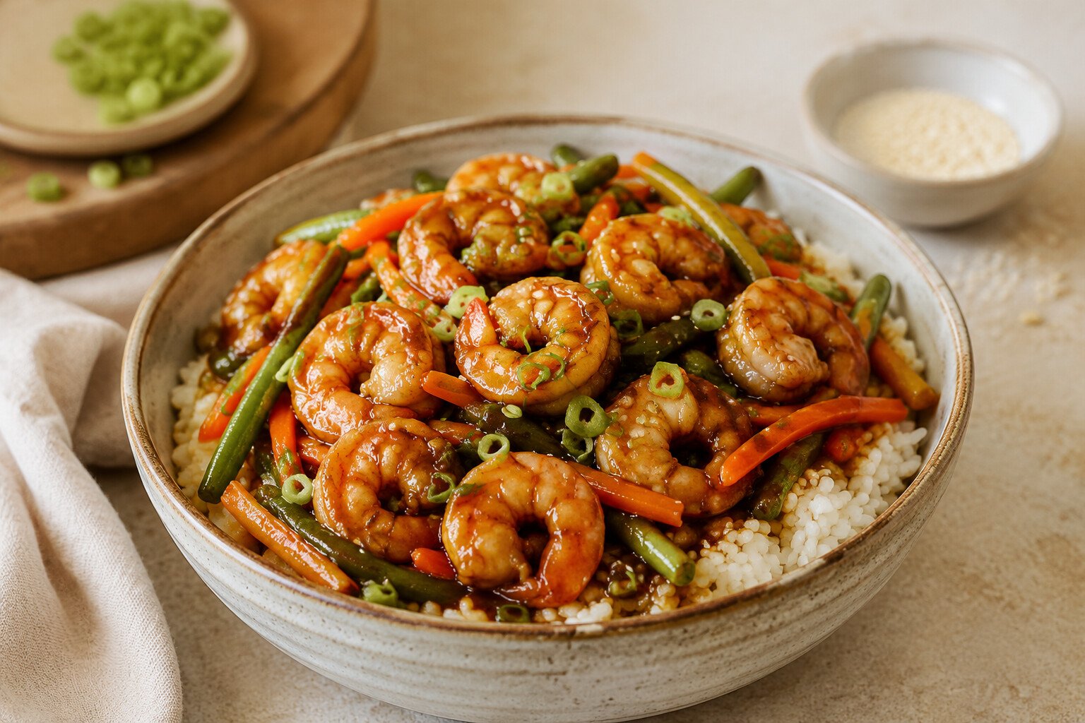 Teriyaki shrimp rice bowl with green beans, carrots, sesame seeds and scallions