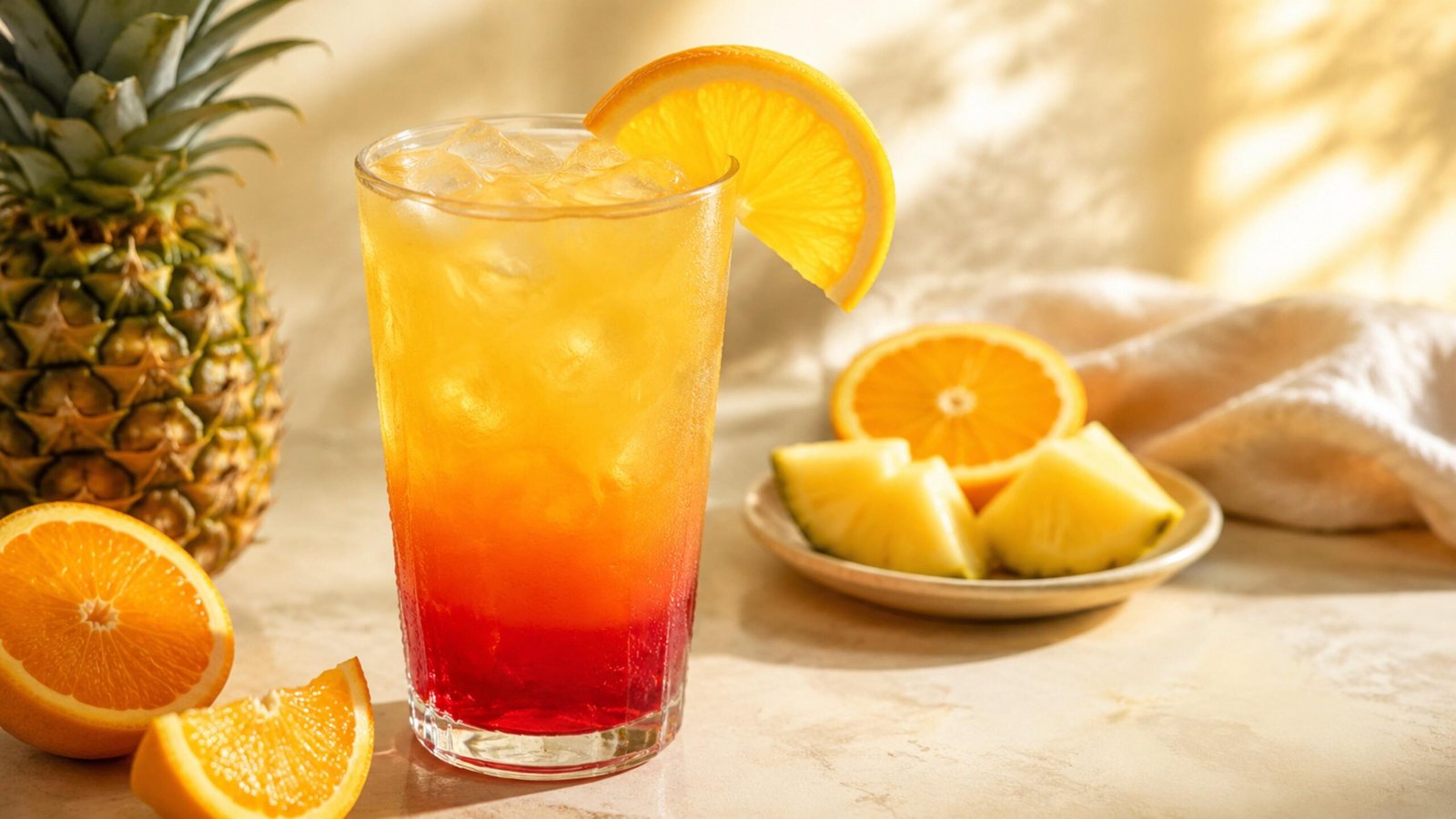 Tropical Sunrise mocktail with orange, pineapple and grenadine layers