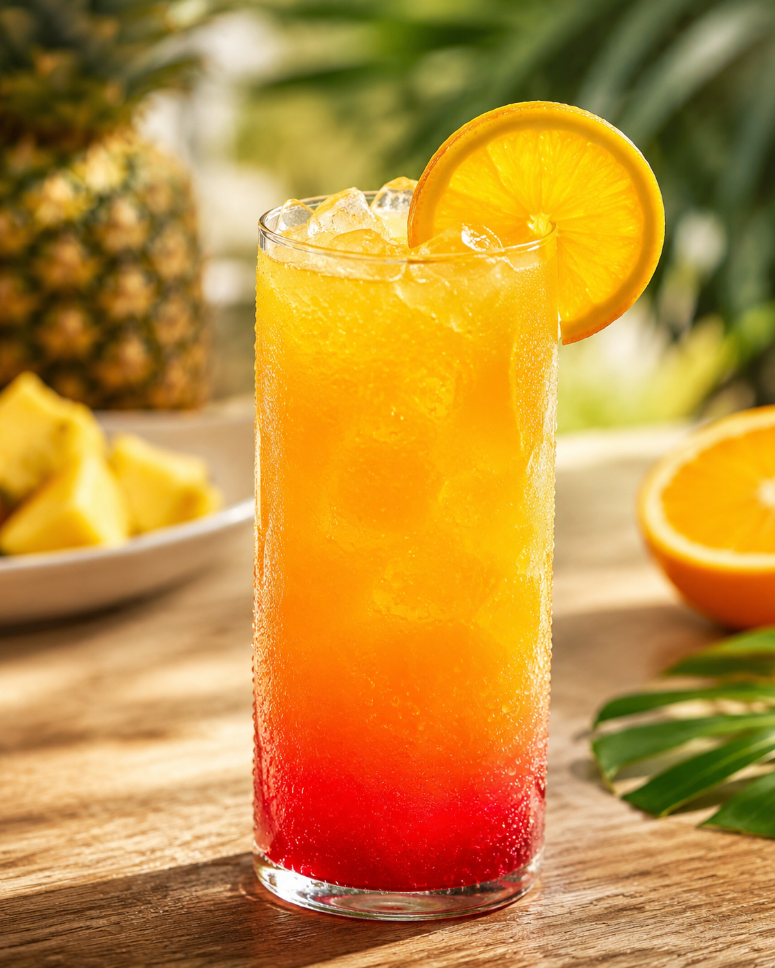 Tropical Sunrise mocktail with pineapple, orange and a vivid grenadine gradient.