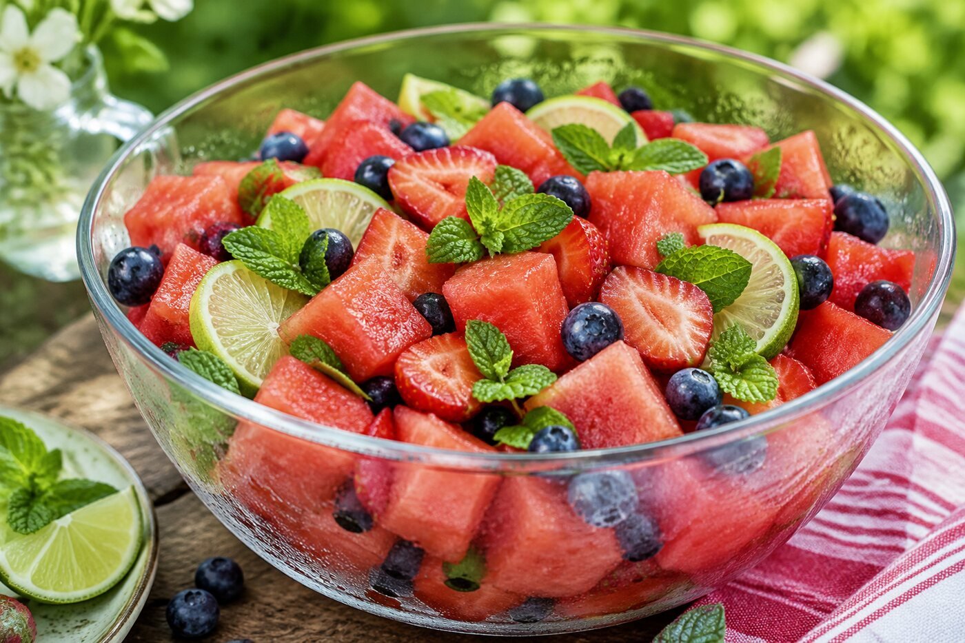 Watermelon berry salad with strawberries, blueberries, lime and fresh mint