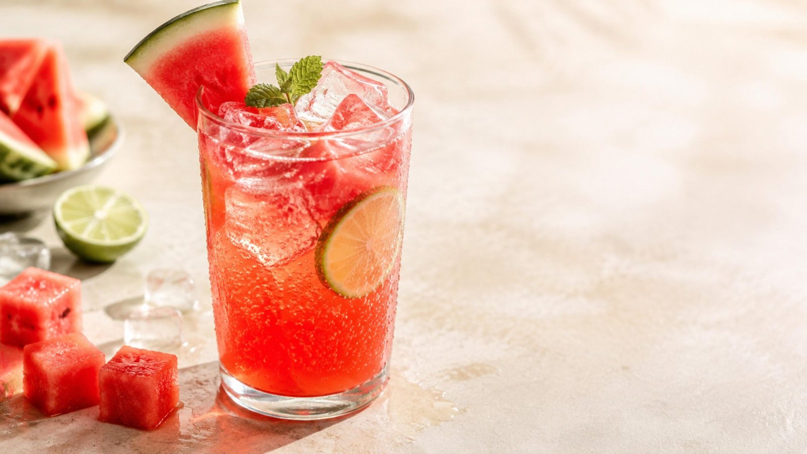 Watermelon Cooler mocktail with fresh watermelon, lime and sparkling water