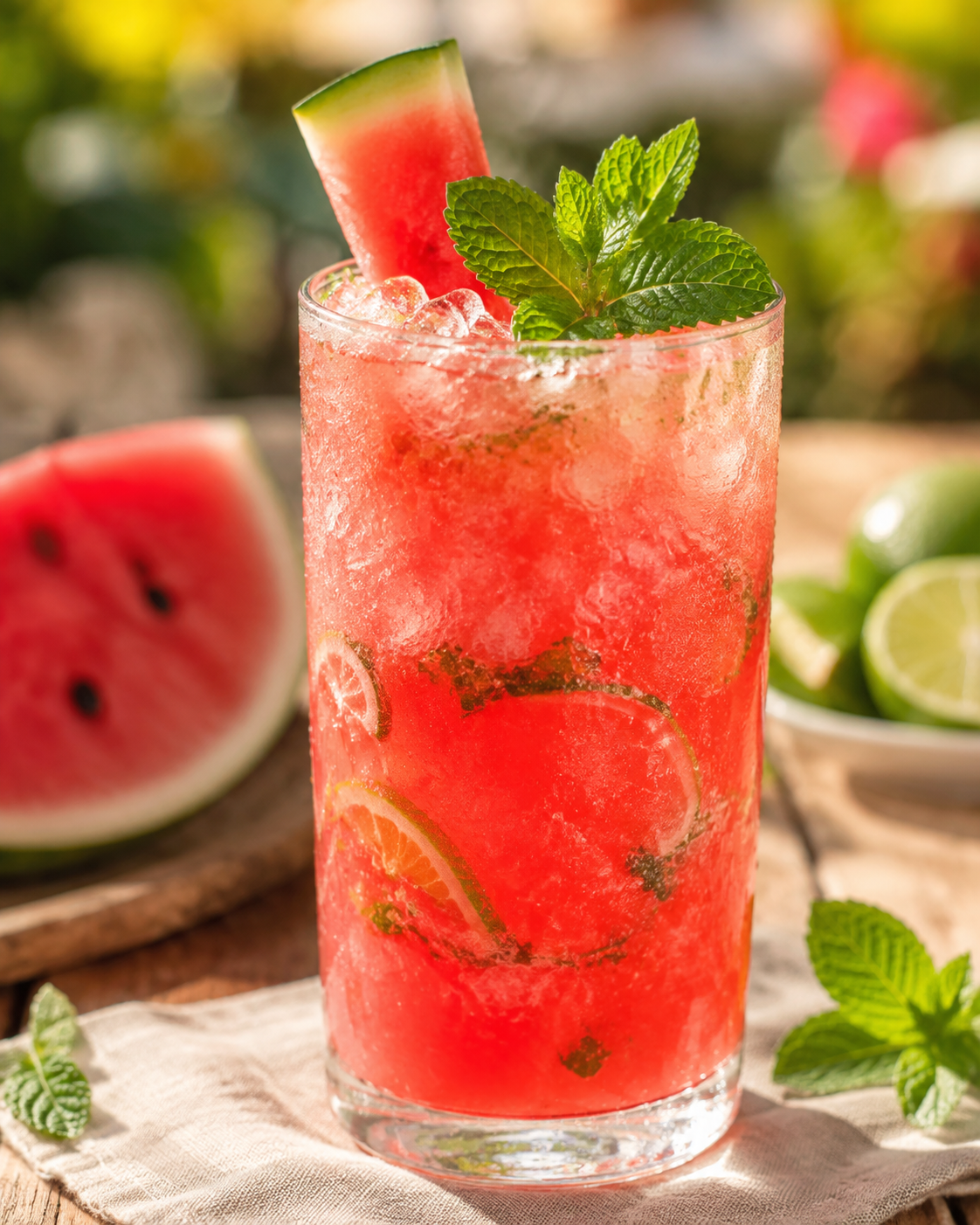 Watermelon cooler mocktail with lime, mint and crushed ice.
