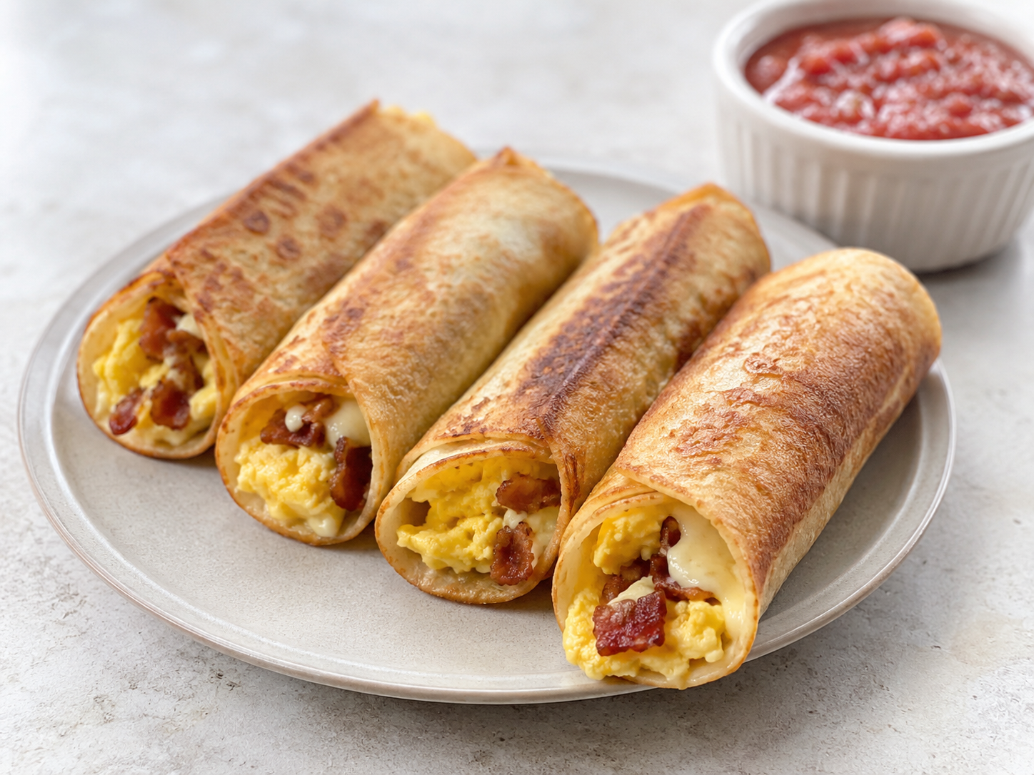 Crispy breakfast taquitos filled with bacon, egg and pepper jack cheese