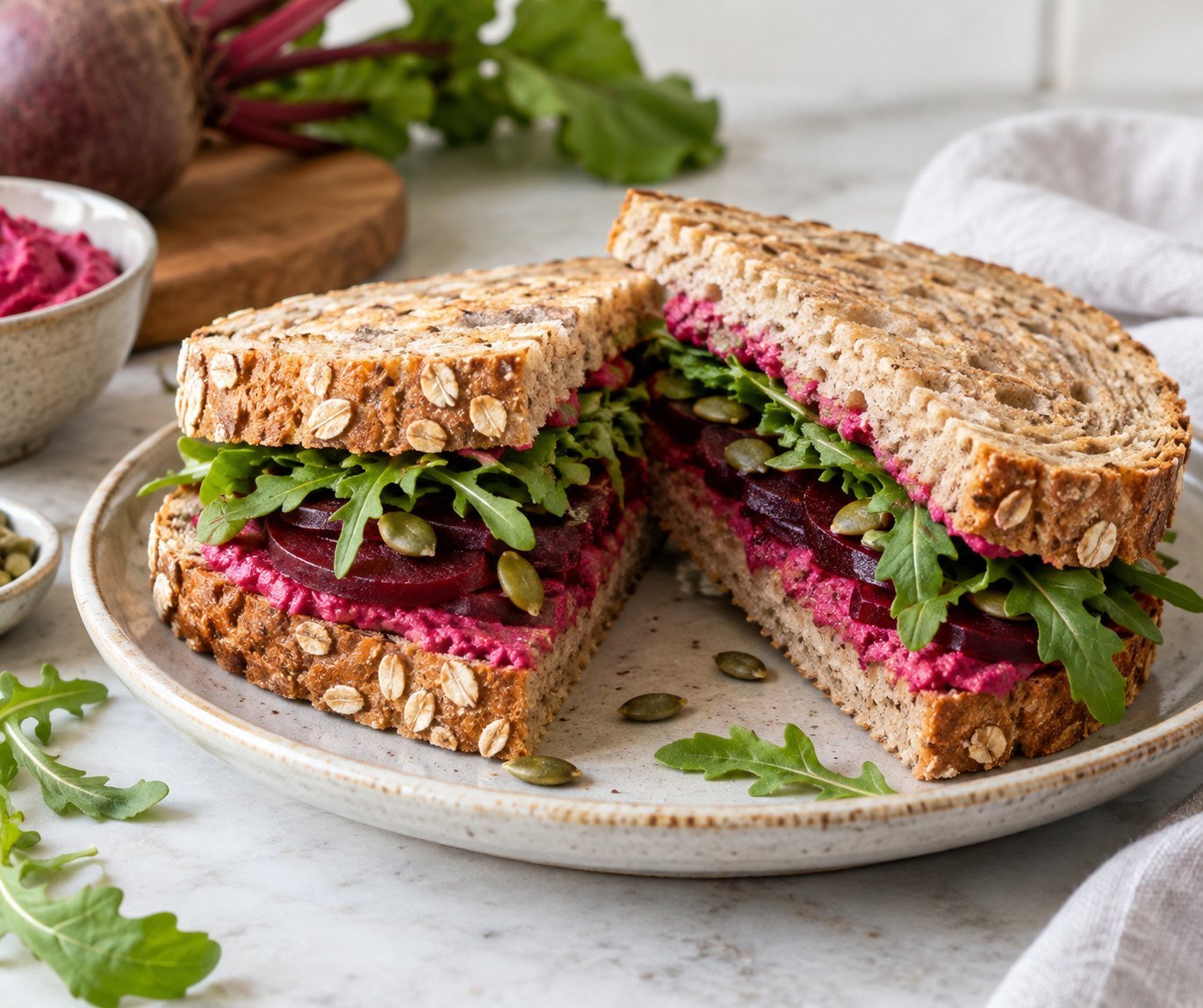 Beetroot Hummus and Arugula Sandwich