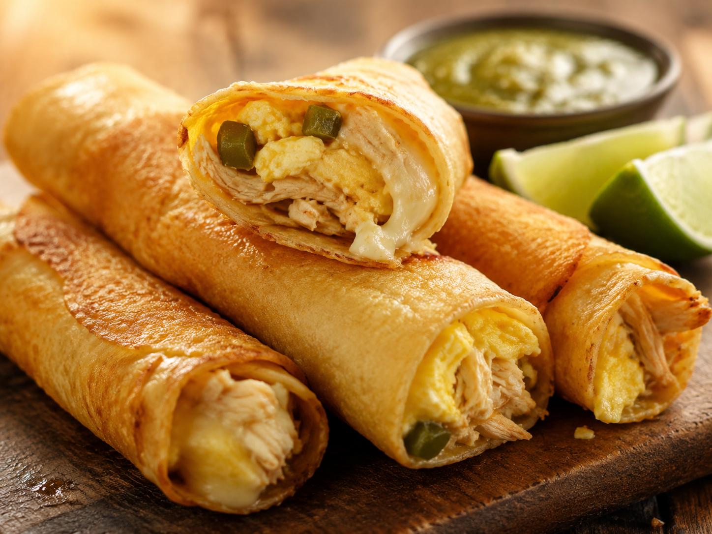 Golden breakfast taquitos filled with chicken, eggs, jalapeños and cheese