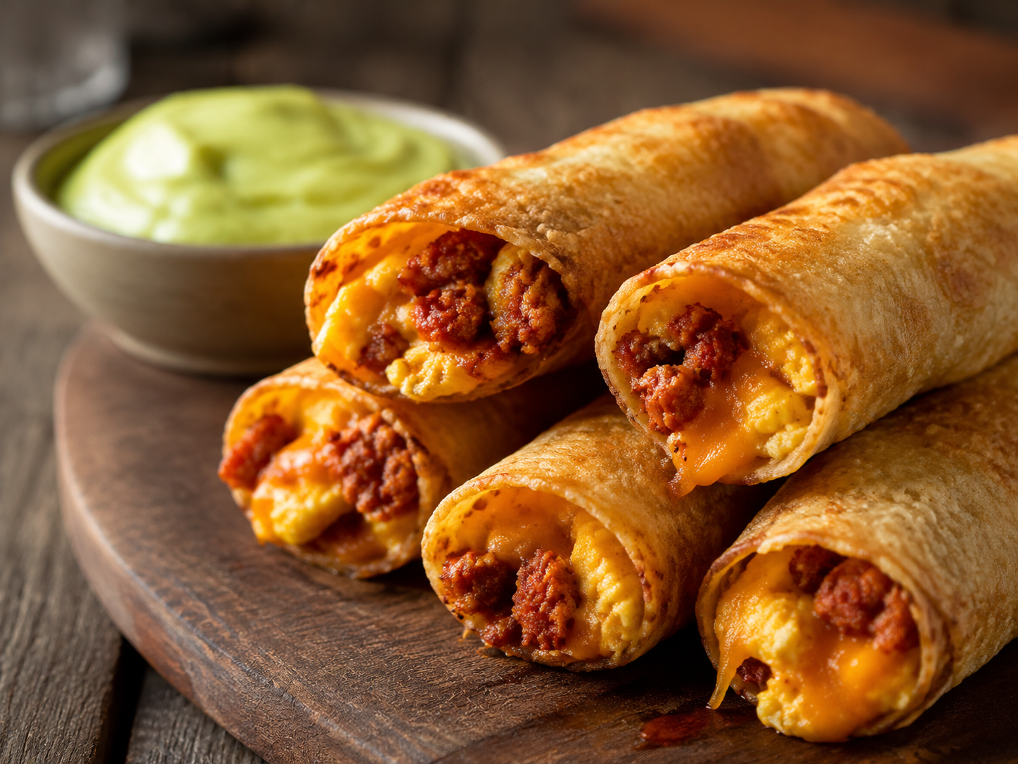 Crispy chorizo egg and cheddar breakfast taquitos served with avocado crema