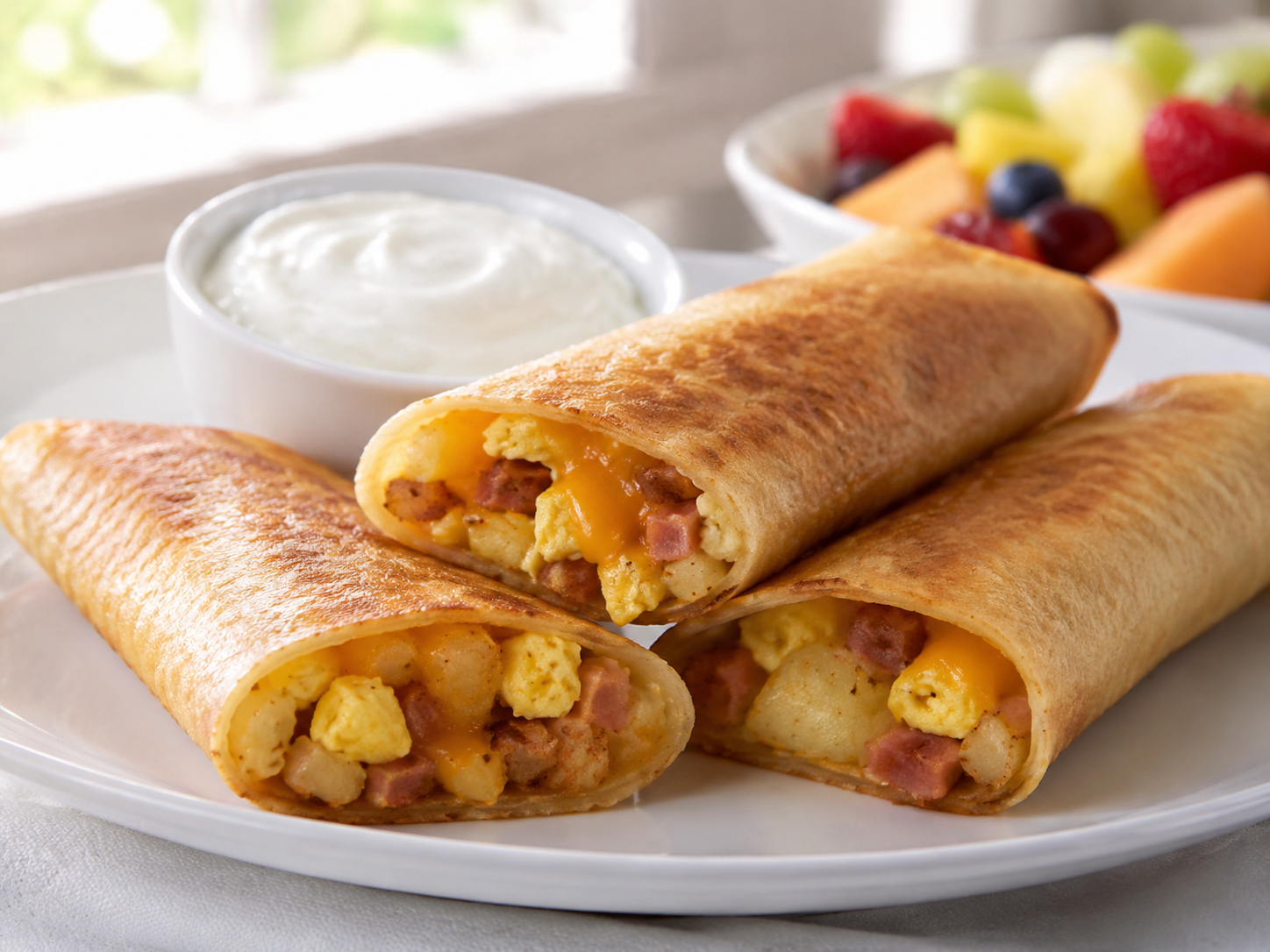 Crispy breakfast taquitos filled with ham, potatoes, eggs and cheese