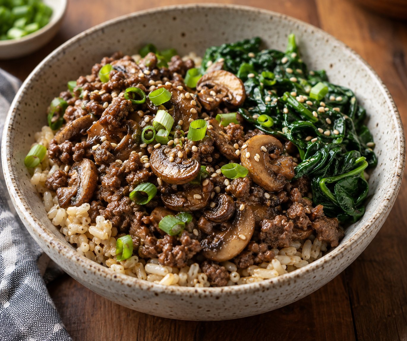 Mushroom and Spinach Ground Beef Bowl