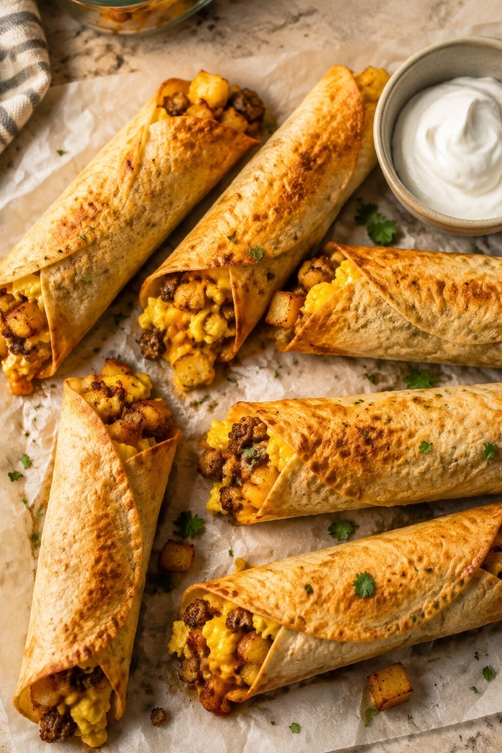 Potato, sausage and egg freezer breakfast taquitos