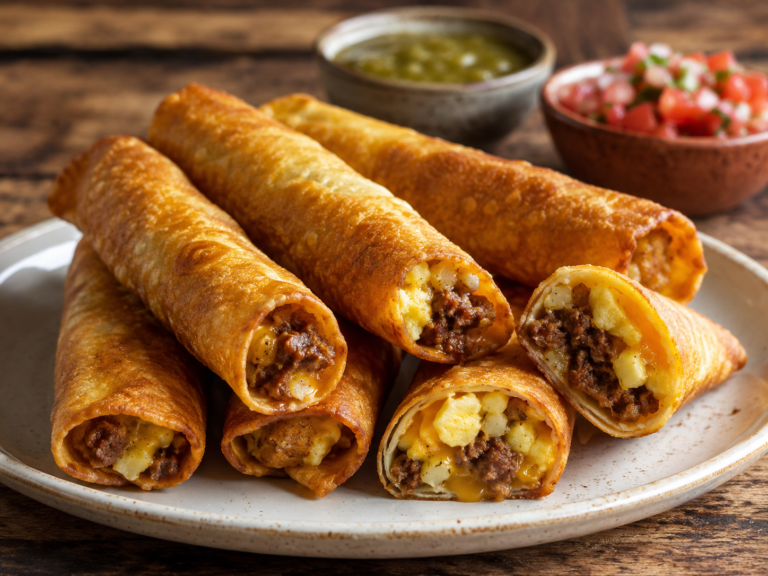 Golden breakfast taquitos filled with sausage, scrambled eggs and cheddar cheese