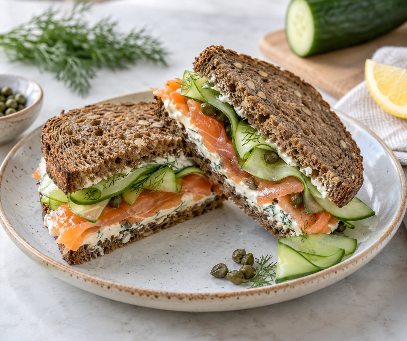 Smoked Salmon, Cucumber and Caper Sandwich