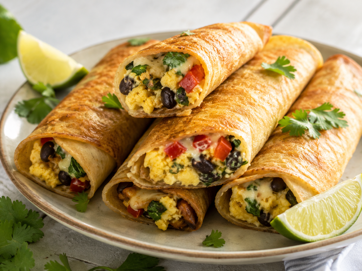 Vegetarian breakfast taquitos with eggs, black beans, peppers, spinach and cheese